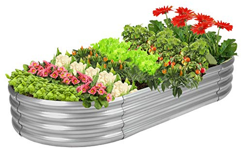 Rakukiri Raised Garden Bed GRS Certified Galvanized Planter Box Outdoor, 5ft Oval Rot-Resistant Metal Garden Bed Planter, Recycled Material Planter for Vegetables Flowers Herbs (Silver)