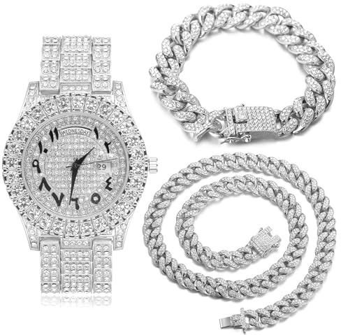 HALUKAKAH Diamante Reloj de Oro Iced out, Hombres Números Romanos Chapada en Oro Blanco Platino Cuarzo Longitud de 24cm, con Cadena de Cubanos Pulsera 20cm + Collar 45cm, con Caja de Regalo