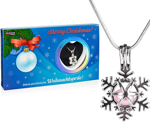 Brubaker Perlina di Natale Personalizzata Merry Christmas (Tedesco) - Perlina del Desiderio di Buon Natale - Collana con Ciondolo d'Argento + Conchiglia con Perla Vera come Set Regalo di Natale