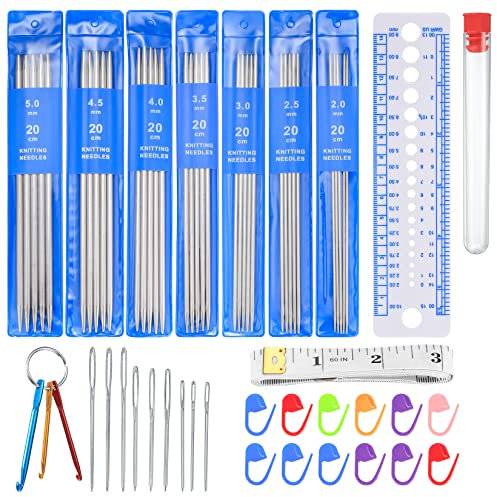 Vwoqiy 35 Stück Stricknadel Set mit Doppelspitzen, 20 cm Stricknadeln Metallnadeln Set für Anfänger, Erwachsene, Socken - 2mm 2,5mm 3mm 3,5mm 4mm 4,5mm 5mm