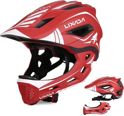 Lixada Casco de bicicleta infantil de cara completa, desmontable, unisex, 52 – 58 cm, casco infantil 2 en 2 integrado, tamaño ajustable, con protector de barbilla desmontable, para bicicletas