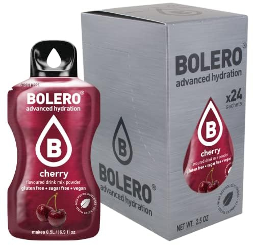 Bolero CHERRY 24x3g | Jus en poudre sans sucre, édulcoré à la stévia + vitamine C | pour enfants et sportifs | sans gluten, végétalien | saveur de cerise