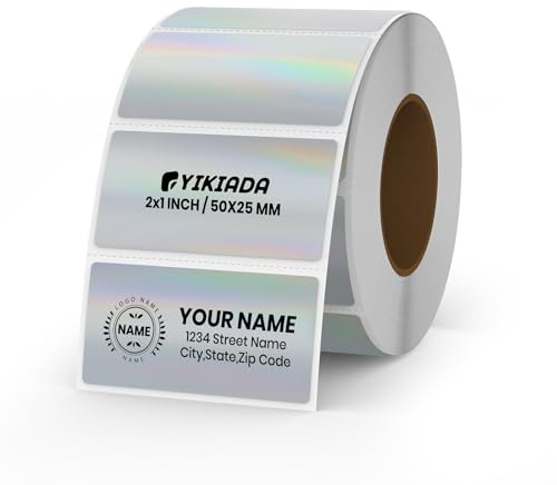 YIKIADA Holografiska Silver Termoetiketter Vinyl 25 × 50 mm Rulle Rektangulära Självhäftande Adressetiketter Vattenbeständiga Holografiska Etiketter för Logo Barkod QR-kod Kontor Hem 200 st