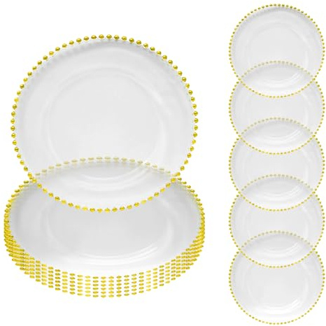 WedDecor 33cm Stylish 12pcs Clear Charger Plates with Gold Beaded Rim – Acrylic Charger Plates for Weddings, Parties, Kitchen Décor, and Tabletop Styling, Affordable Bulk Options