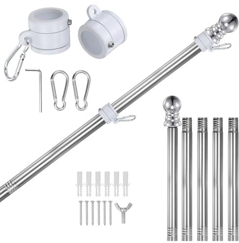QUARKZMAN Bandera Mástil Kit, 6FT Inoxidable Acero Bandera Mástil Kit con 360° Antienvoltura Giratorio Anillo, Bandera Mástil Soporte para Hogar Porche Exterior Barco, RV, Camión