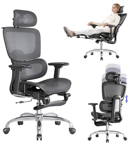 LarkLeaves Sedia Ergonomica da Ufficio con Poggiapiedi e Cuscino Cervicale | Schienale Regolabile 5 Livelli | Supporto Lombare 2D | Braccioli/Testiera 3D | Rete Breathable | per Ufficio/Casa, Nero