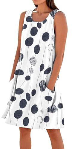 Damen Bohemian Ärmellos Kleid Blumenmuste Strandkleid Casual Rundhals Sommerkleider mit Taschen,Weiß,S
