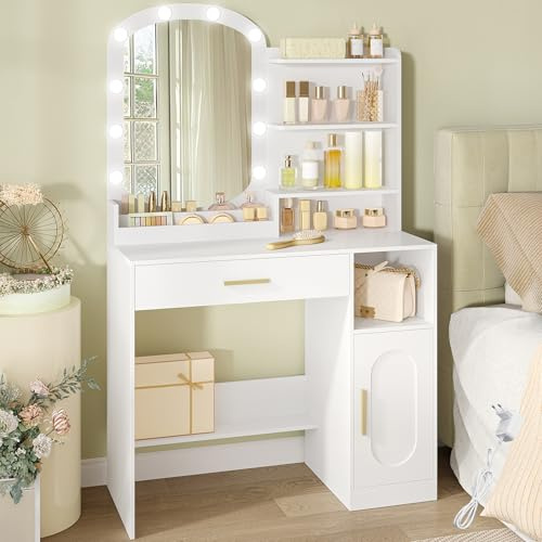 HEXCELEN Coiffeuse avec Miroir Ovale, Coiffeuse avec Miroir LED, Luminosité Réglable, Table de Maquillage avec Tiroir, Armoire et Étagères Ouverts, pour Chambre à Coucher, Blanc