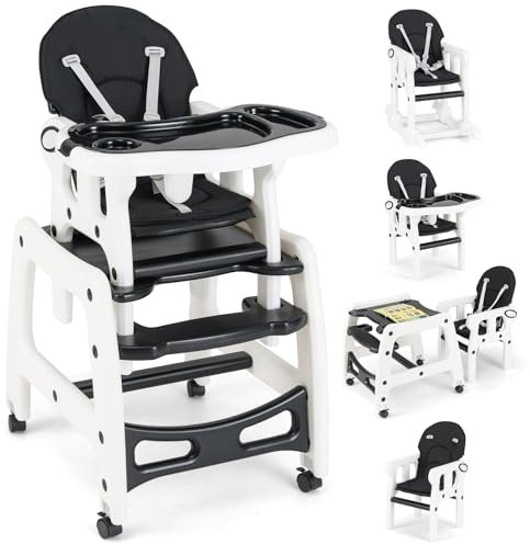 COSTWAY 5 en 1 Tronas de Bebe, Trona Bebe Portatil con 2 Bandeja Extraíble de 4 Posiciones, Cojín, Respaldo de 3 Niveles, Silla de Comer para Bebe, Trona Evolutiva Bebe para 6-72 Meses (Negro)