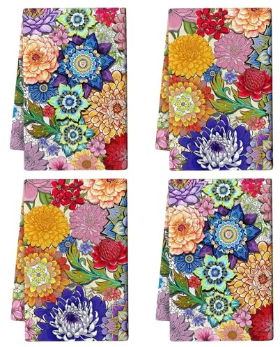 Boho Floral Kitchen Dish Towels Decorative Set of 4, Colorful Kitchen Stuff Hand & Tea Towels for Cleaning Drying, Baking Cooking Lover Gifts for Chef Cooks Women, Housewarming Gifts for Women