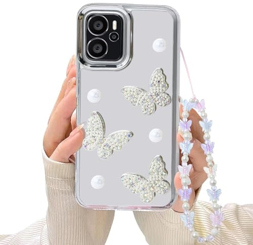 WOWUDI Kompatibel med Xiaomi Redmi Note 14 4G fodral söt klar 3D-fjäril med Snodd pärlglitter för flickor kvinnor mjuk TPU stötsäker flicka skyddsfodral – silver