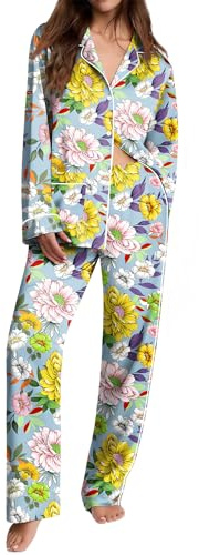 Ekouaer Womens Pajama Sets Satin Silk Pjs Classic Button Down Sleepwear Soft Long Sleeve Lounge Sets Yellow Chrysanthemum M