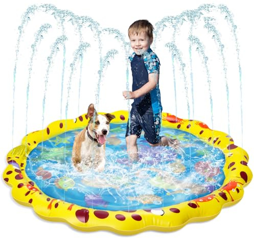 Splash Pad, Round Sprinkler and Splash Water Play Mat, Dog Paddling Pool | Foldable Summer Garden Outdoor Sprinkler Play Mat Fun Backyard Fountain for Pet Pool Water Toy (Yellow 100cm)