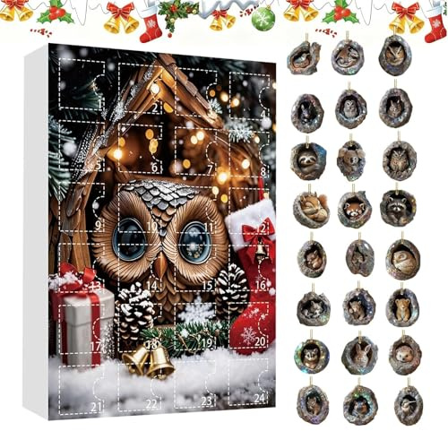Calendrier de l'Avent Animalier 2025 | Calendrier Compte À Rebours 24 Jours Acrylique 2D Pour Sapin Avec Trous - Pendentif Animal Mignon Festif - Pour Garçons Filles Fête Fenêtre Balcon Porte Voiture