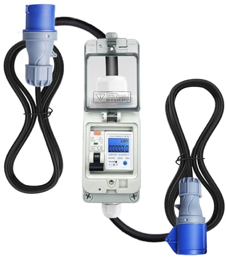 Mobile Digital Electricity Meter 230 V 16 A, Power Consumption Meter for Socket with FI Circuit Breaker Type A, IP44 CEE 3 Pin 16A Plug to CEE 16A Coupling, Electricity Meter Housing IP67