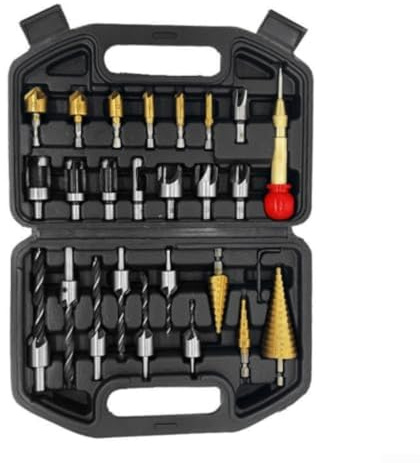 Collection de forets professionnels avec localisateur de poinçon central confortable, forets étagés et outils de chanfreinage pour des trous fraisés précis et des finitions polies