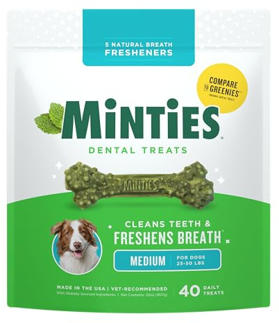 Minties Dental Chews for Dogs, 40 Count, Vet-Recommended Mint-Flavored Dental Dog Treats for Medium Dogs, Bones Clean Teeth, Fight Bad Breath, and Removes Plaque and Tartar