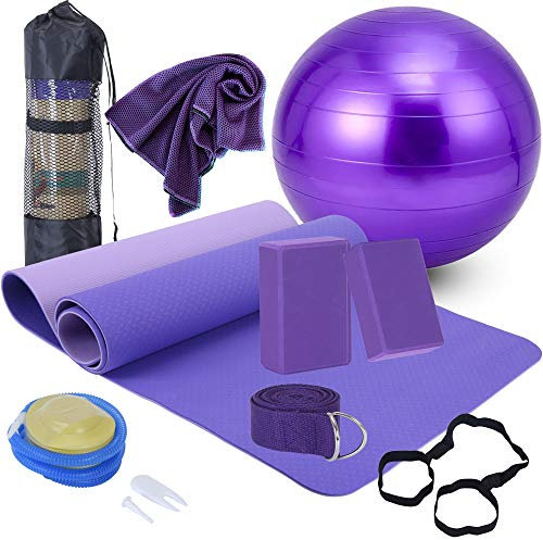 Yoga-Anfänger-Set, Yoga-Blöcke, 2 Stück, Yoga-Gurt, Yoga-Ball, Yogamatte mit Tragegurt, Netztasche, Kühlhandtuch, Yogamatten-Sets und Sets für Anfänger, 11-teiliges Yoga-Starter-Set für Frauen (lila)