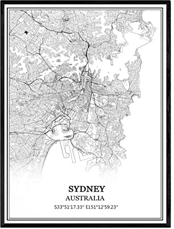 Sydney Australien karta väggkonst canvastryck affisch konstverk utan ram modern svart och vit karta souvenir gåva heminredning -28 x 35 cm