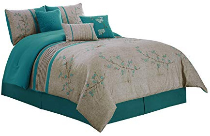Chezmoi Collection Noriko Luxury 7-Piece Teal Cherry Blossoms Floral Embroidery Bedding Comforter Set, King