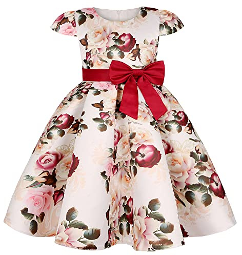 Girls Party Dress Summer Elegant Fancy Satin Print Frocks Princess Festival Pageant Prom Gowns Red 5-6 Years