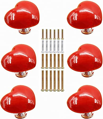 6 Pomoli in ceramica a forma di cuore per armadietti, pomelli per mobili per bambini, pomelli per armadio,maniglie per mobili, Pomelli Cucina con 4 Dimensioni Vite (38x32x32 mm, rosso)