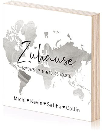 Zuhause Koordinaten Holzbild Einweihungsgeschenk zum hinstellen aufhängen mit Spruch auf Holz als Geschenk-Idee zum Hausbau Einzug Einweihung Richtfest Wand-Bild (Schwarz&Weiß)