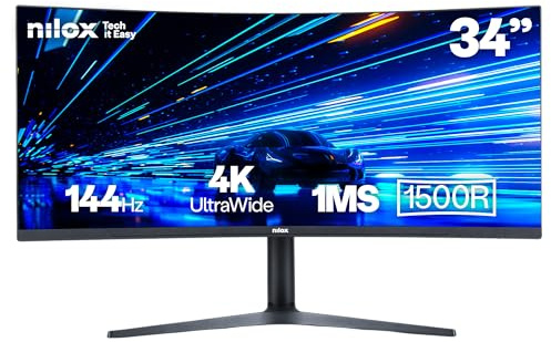 Nilox NXM344KD11, Monitor Gaming Curvo 34 Pollici, Monitor Gaming 4k con Frequenza 165Hz e Tempo di Risposta 1ms, Ingressi HDMI e DP, Monitor PC con Immagini Chiare e Nitide per Gioco Fluido