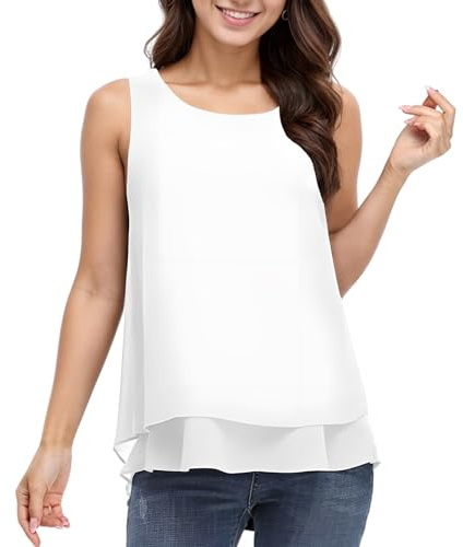 Zhiaek Camiseta Tirantes Mujer Chalecos de Verano Cuello Redondo Blusas Sin Mangas de Gasa Ropa de Mujer Verano Casual Básica Corte Holgado Blanco L