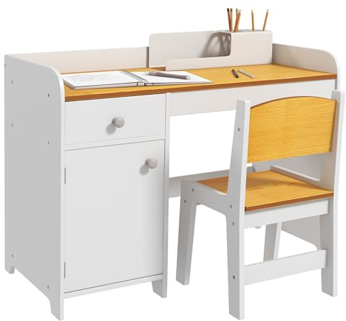 ZONEKIZ Conjunto de Escritorio de 2 Piezas Pupitre Infantil Escritorio para Niños Incluye Silla y Mesa con Cajón y Armario para Dormitorio Sala Blanco y Natural