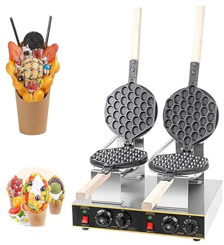Máquina para Hacer gofres de Burbujas Comercial, 1400 W, gofrera de hojaldre con Burbujas de Huevo de Doble Cabeza con Control Independiente de Temperatura y Tiempo, máquina para Hacer gofres