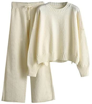 HEONSATI Tuta in Maglia da Donna Eleganti Completi 2 Pezzi Lavorati Comodo Completo Pullover Top Maniche Lunghe Pantaloni a Gamba Larga in Vita Tute Sportive Invernale Set Di Maglia Leggera