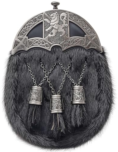 Kilt Belt Buckle - Traditional Men's Scottish Kilt Sporran – Lion Rampant Design, Premium Black Leather, Brown Fur, and Antique Cantle – Full Dress Sporrans and Chain Belt (Black Fur Cross)