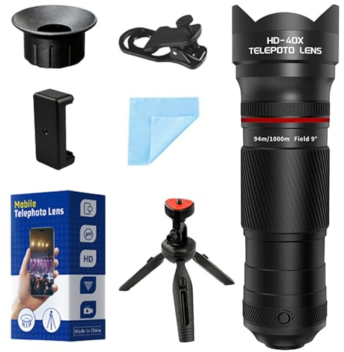 40X Telephoto Lens with Tripod for iPhone Android Phones, 2-in-1 Mobile Phone Camera Lens Kit with Universal Clip, HD Magnifier for Smartphone Photography - Compatible with All Smartphones