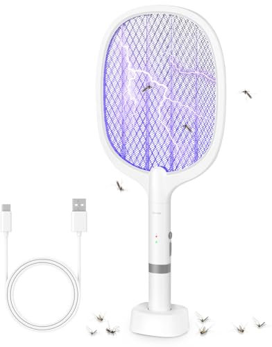 HIULLEN Elektrische Fliegenklatsche, 4000V UV Insektenvernichter, Aufladbar Elektro Mückenklatsche mit UV-Lichtfalle für Moskitos, USB C Fliegenfänger Insektenfalle mit Basis für Indoor Gärten