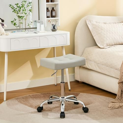 FIRAVOE Saddle Stool with Wheels, Swivel Rolling Stools for Vanity, Adjustable Height Tattoo Stool 17-21 (Gray)