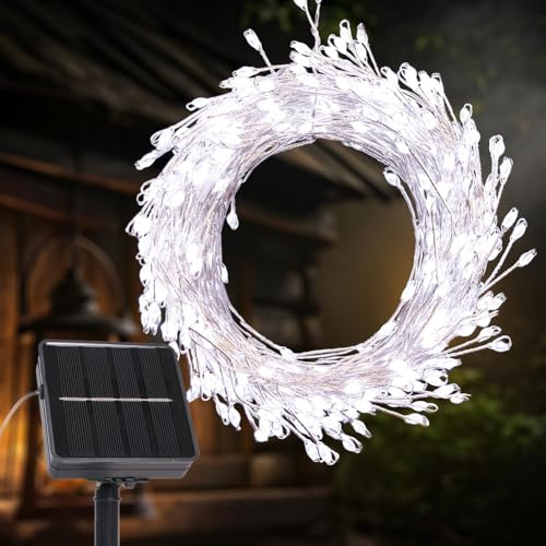 PCORES - Guirnalda luminosa solar LED, 6 m, 200 LED, luces de petardo solar, 8 modos LED impermeable en racimos con alambre de cobre plateado - Decoración de hadas para jardín (blanco frío)