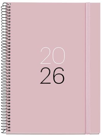 Miquelrius - Agenda 2026 día por página, Similar A5+ (155 x 213 mm), Tapa cartón plastificado, Espiral y cierre goma elástica, Planificación diaria, Papel 80 g/m², Español-EN-PT, Arena