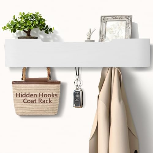 Jadoxy Coat Rack Wall Mount with Hidden Hooks Modern Key Holder Wood Entryway Hook with Shelf for Bedroom Kitchen Hallway Bathroom Designed for Hanging Coats Hats Bags Towels Dog Leashe(White,5 Hooks)