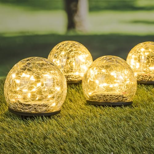 mucHome 4er Set LED Solar Kugel in Bruchglas Optik - Crackle Glas Gartenlampen Set mit 20 LED je Solarlampe Warmweiß, mit Erdspieß Leuchten für Garten Gehweg Blumenbeet Solarleuchte Kugellampe