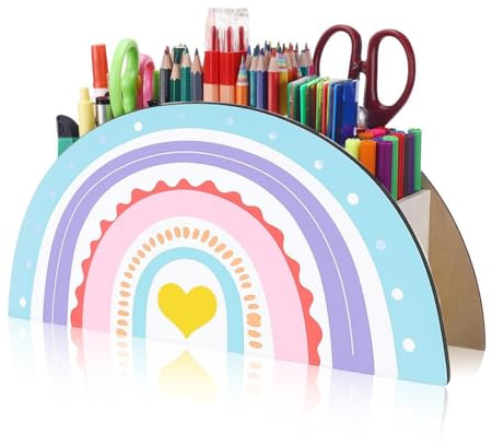 THQAE pot a crayon, Pot à crayons pour enfants, Arc-en-ciel, Organiseur de bureau, Organiseur de bureau, Organiseur de bureau, En bois, Organiseur de bureau, Arc-en-ciel（Cœur jaune）