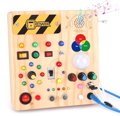 Busy Board Montessori leksak från 1 år, motorikleksak i trä, aktivitetstavla, sensorisk pedagogisk leksak med 13 brytare och 24 LED-lampor för småbarn, gåva för pojkar, flickor, 1 2 3 år