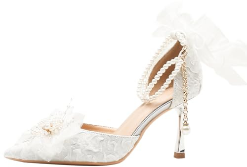 White5cm,40 EU,Mujer Boda Tacones Altos Punta Afilada Tacón Aguja Satin Zapatos Novia Perla Cadena Tobillo Strass Slip On Cómodo Verano Iglesia Ceremonia Fiesta
