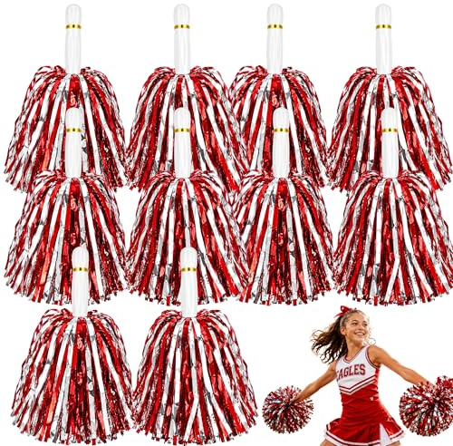 HOVUK Cheerleading Pom Poms 35cm, Red Silver Metallic Cheer Poms with Handle Dance Accessories for Kids Adults Sports Events School Performances Party Decorations Cheer Props - 10Pcs