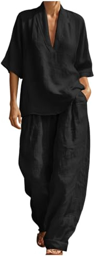 Udbeksid Completo Lino Donna Estate 2 Pezzi - Set Top Scollo a V e Pantaloni Gamba Larga Tuta Estiva Leggera e Traspirante Outfit ampia Boho Chic Casual confortevole per Vacanze (01,XL)