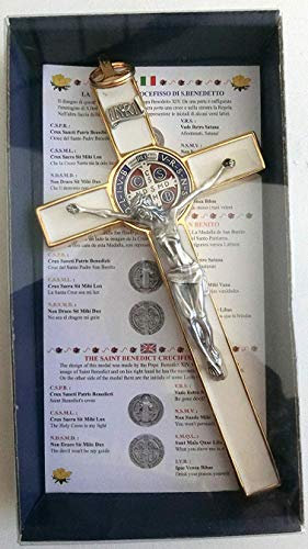 10.004.21 Cruz de oro blanco de San Benito, de 20 cm, esmaltada, con caja de regalo para sacerdote, monja