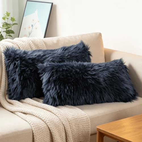OYIMUA Soft Faux Fur Cushion Covers 30x50cm Navy Blue Set of 2 for Sofa Bed | Fluffy Decorative Pillow Covers 12x20 for Living Rooms,Bedrooms,Offices,Machine Washable,Hidden Zipper,Fade-Resistant