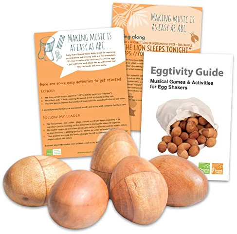 Natural Sustainable Mahogany Egg Shakers - 7cm Long. Includes Teaching Support & 'Eggtivity' Guide (Bag of 5 - each 7cm Long)