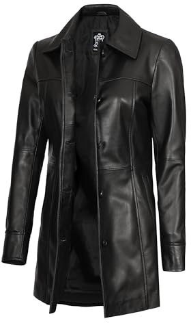fjackets Chaqueta de cuero para mujer, abrigo de piel de cordero real para mujer, abrigo largo de cuero con cierre de botón, Negro, Medium