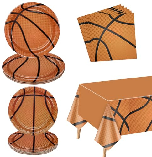 61 piezas de suministros de fiesta de baloncesto, platos de papel, mantel de baloncesto, servilletas, decoraciones de fiesta de cumpleaños de baloncesto para adolescentes, niños, bebés, suministros de